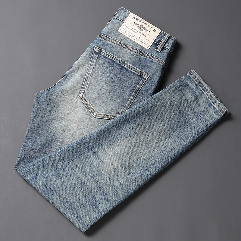 European Trendy Fashion Men Jeans High Quality Retro Blue Elastic Slim Fit Vintage Designer Jeans Men Casual Denim Pants Hombre