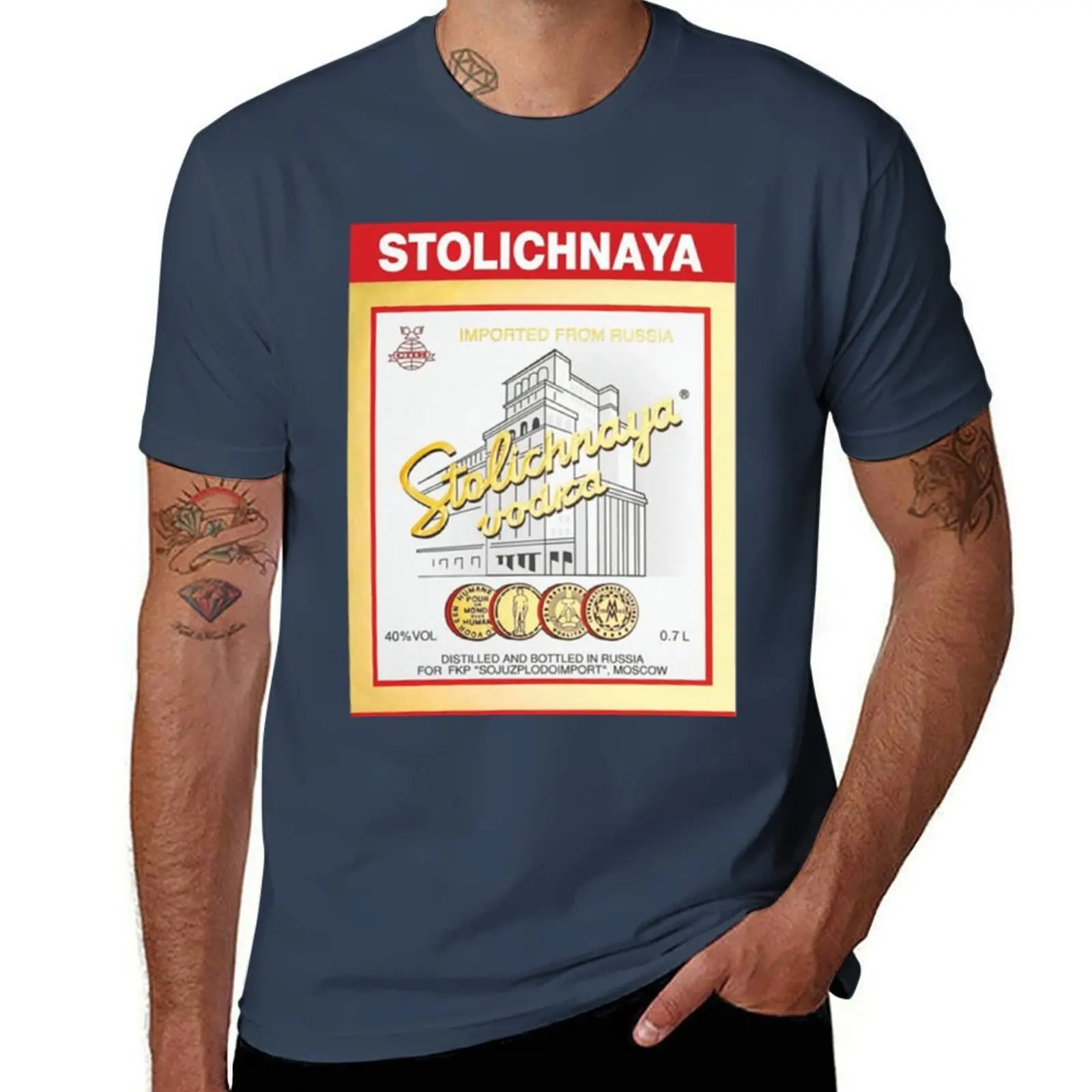 Camiseta clásica con logo de Vodka Stolichnaya, camiseta de manga corta de verano de talla grande
