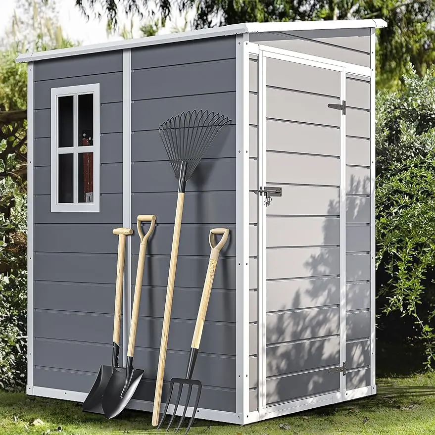 

Resin Outdoor Storage Shed with Floor, Large Storage Shed with Lockable Door & Window, Waterproof Plastic Outside Tool Storage