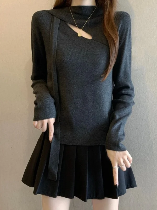 

Women's Knitted Long Sve Hollow out High Collar Top Spring 2026 plus Size Inner Wear Base irt Irregular Sa Design