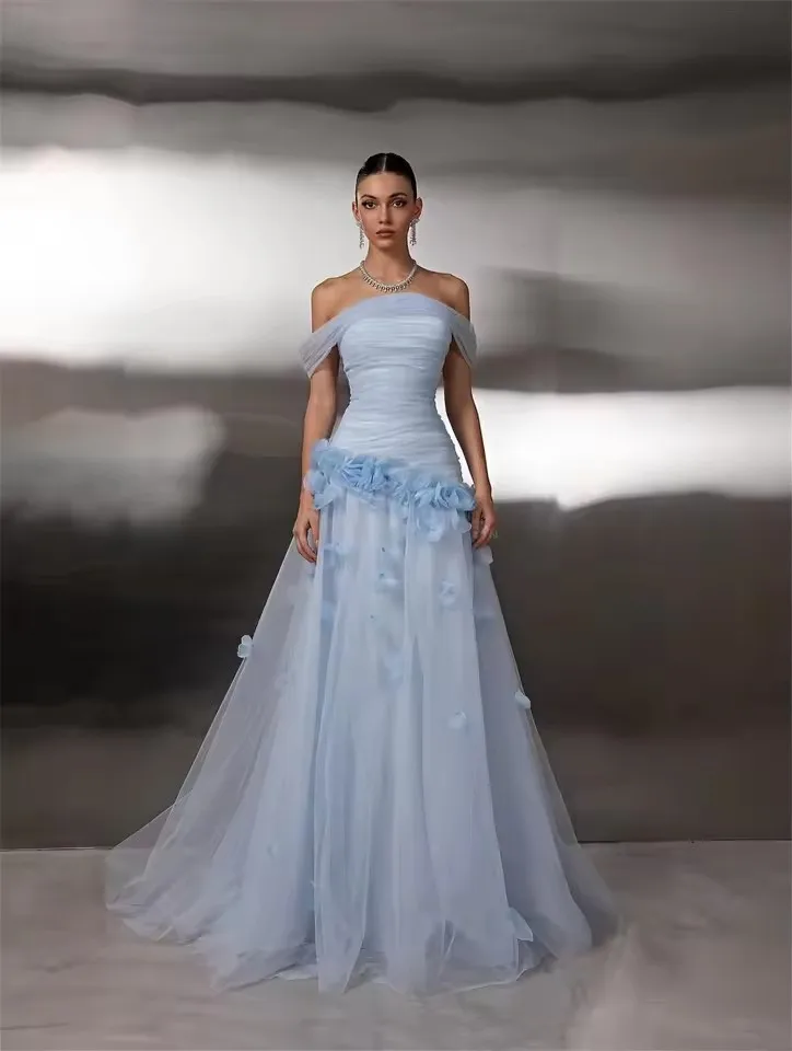 

Sweet Sky Blue Prom Dresses Off The Shoulder Tulle 3D Flower Formal Wedding Evening Party Gowns 2026 Customized
