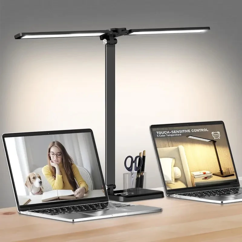 LED Desk Lamp Table Lamp with 5 Color Modes Dimmable for Home Office Dual Swing Arm Eye-Caring Reading Light with Pen Holder