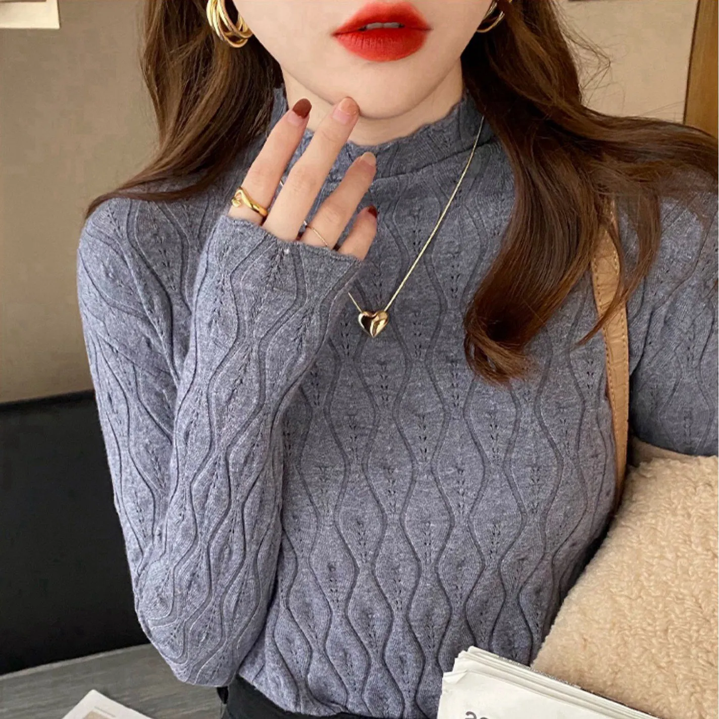 Gestrickte Pullover Frauen Pullover Neue Langarm Mock Neck Schwarz Stricken Pullover Pullover Frauen Tops Pullover Sueters De Mujer Q794