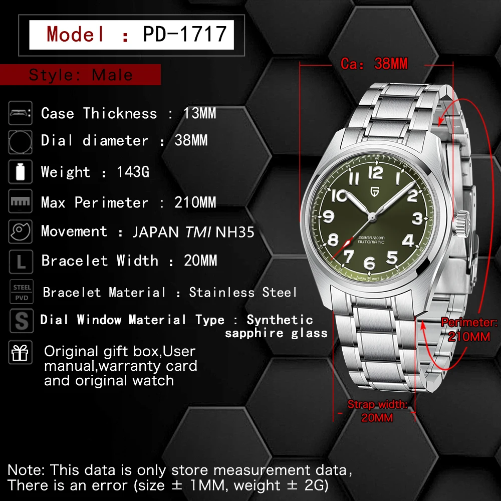 PAGANI DESIGN PD1717 38MM Men's Automatic Mechanical Watch NH35 Stainless Steel Driving 20Bar Luminous Wristwatch for Men