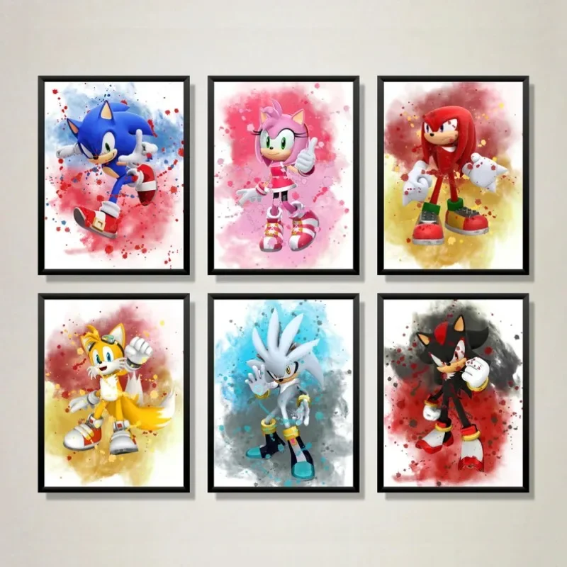 Watercolor S-Sonic Cartoon Characters Anime Adventure Nursery Poster Canvas Painting Wall Art Pictures Home Dorm Decor