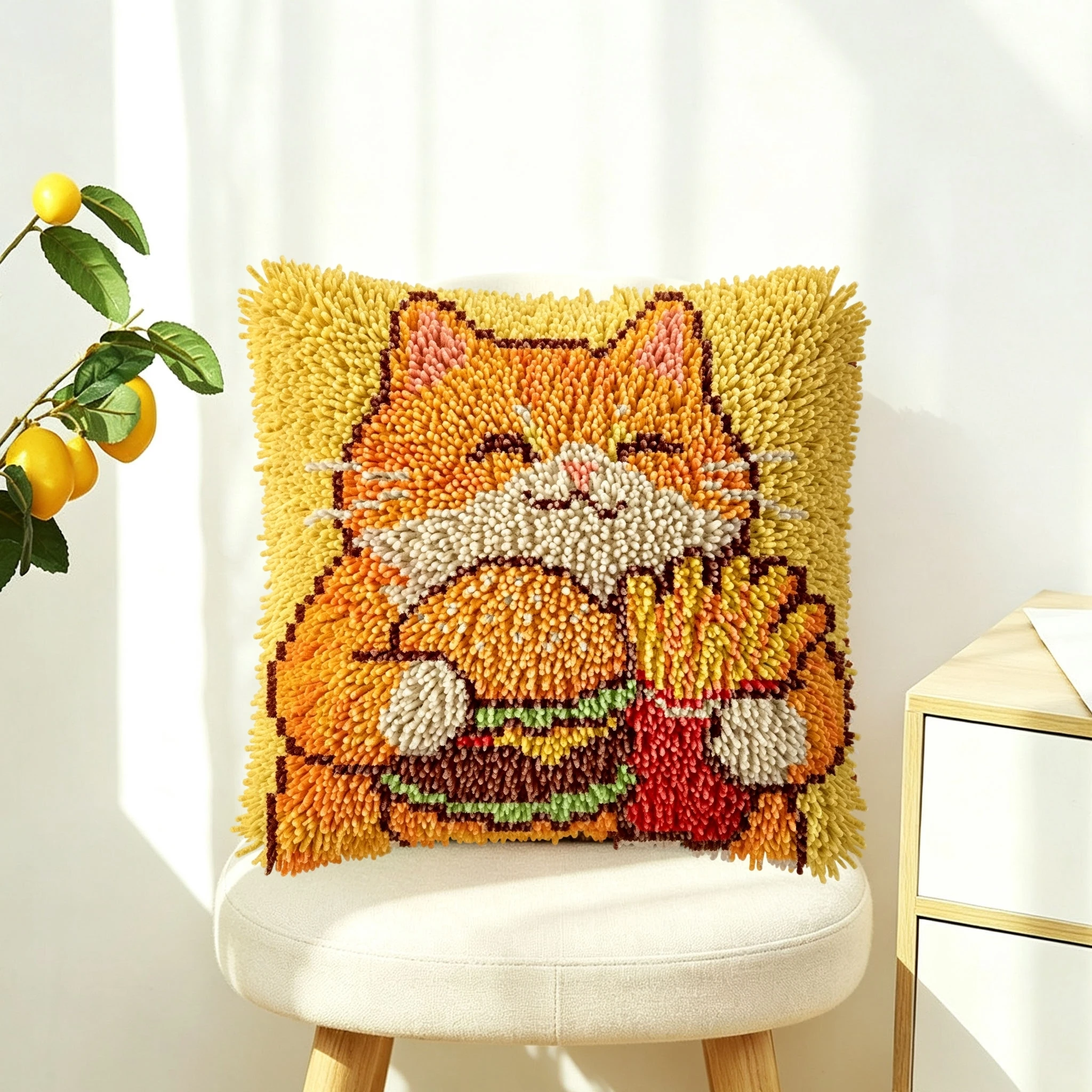 1 Set Burger Fries Katzenknoten Kissen Häkelset Kissenbezug-Set für Handarbeiten Häkelsets DIY Anfängerfreundlich Emb – Detail 3