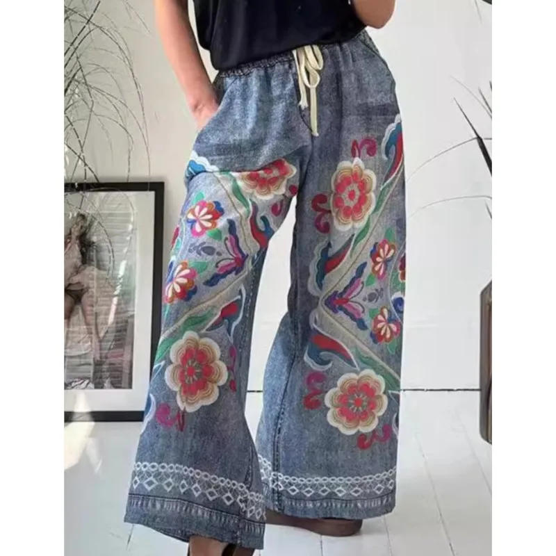 2025 แฟชั่นผู้หญิง Drawstring กางเกงขากว้างฤดูใบไม้ผลิฤดูร้อนหญิงพิมพ์ Patchwork Elegant กางเกงหลวม Fit Lady กางเกง