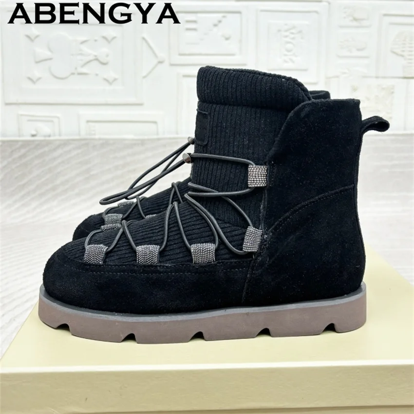 

Elastic Shrink Band Suede Leather Snow Boots Women's Wool Inside Round Toe Flat Ankle Boots Winter Casual Punk Short Boots Woman
