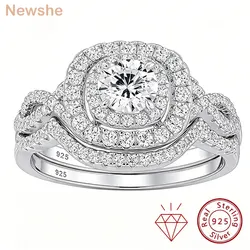 Newshe 2Pcs Halo Round Cut Moissanite Wedding Ring Set for Women Solid 925 Sterling Silver Zircons Luxury Bridal Rings