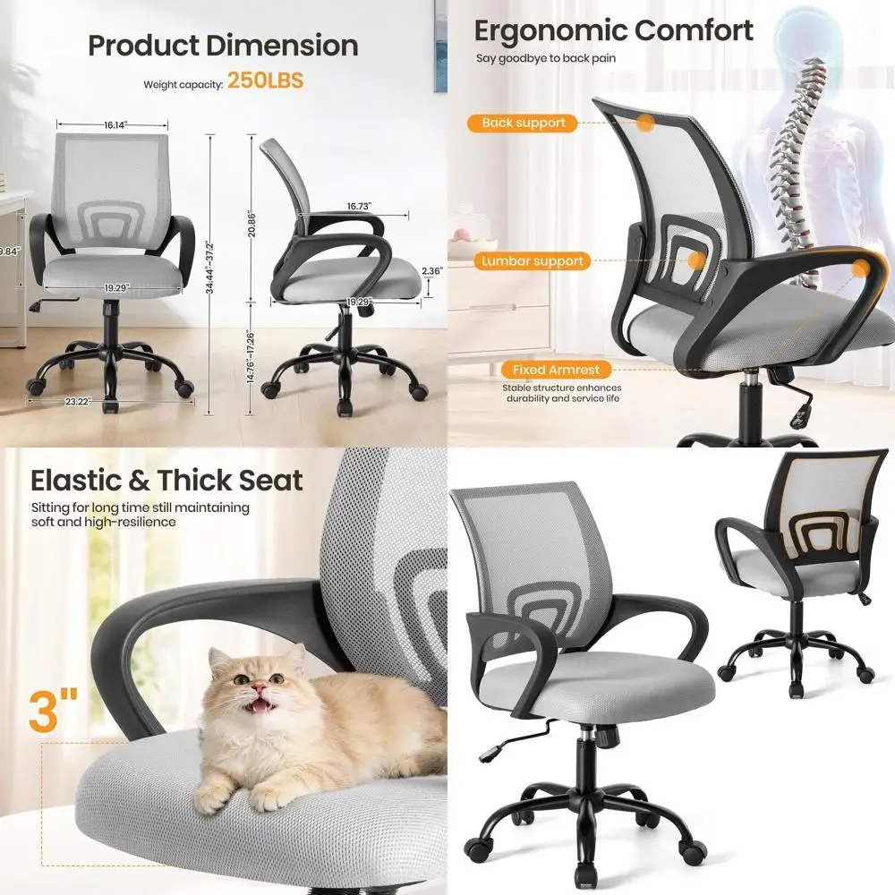 

Ergonomic Mid-Back Swivel Chair with Breathable Backrest and Lumbar Support, Adjustable Seat Height, Rolling Wheels for Home Off