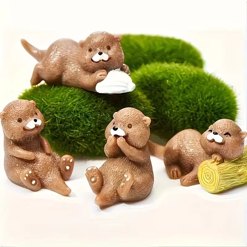 4-Piece Miniature Resin Otter Statues - Cute Animal Figurines with Expressions for DIY Fairy Gardens, Home Decor, and Parties -