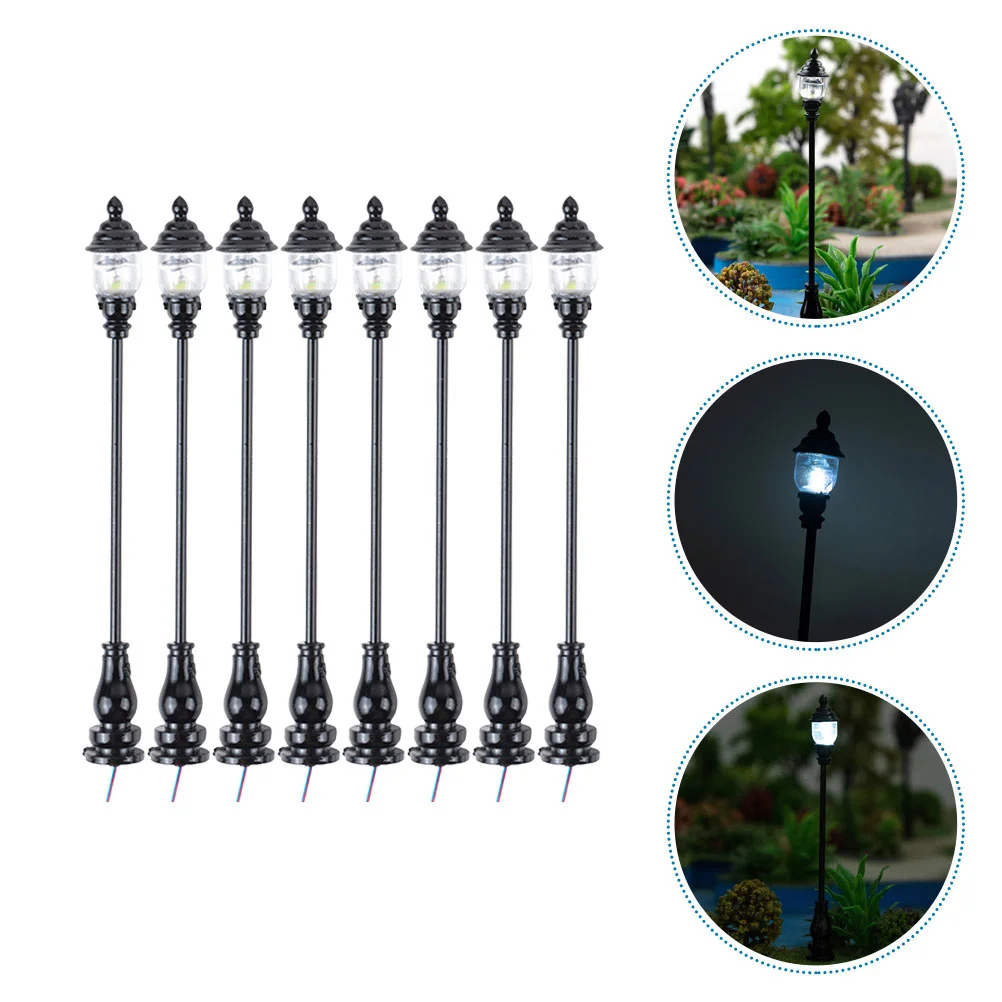 8 Pcs Miniature Street Lamp Model Stainless Steel ABS Decorative Garden Light Toy Realistic Details Warm Mini House Interior