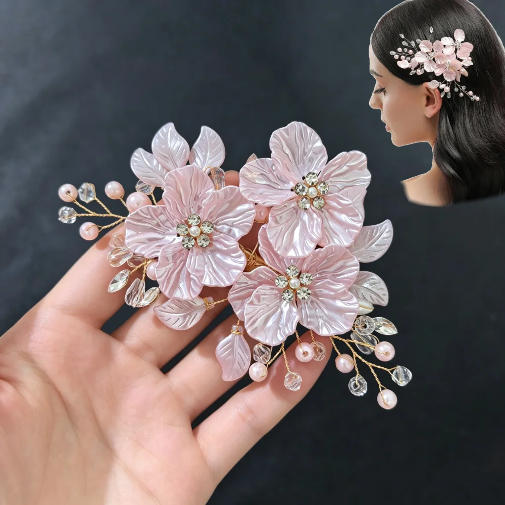 Luxury Bridal Pink Flower Hair Clip Handmade Pearl Crystal Hair Accessory Wedding Party Floral Hair Barrette for Women
