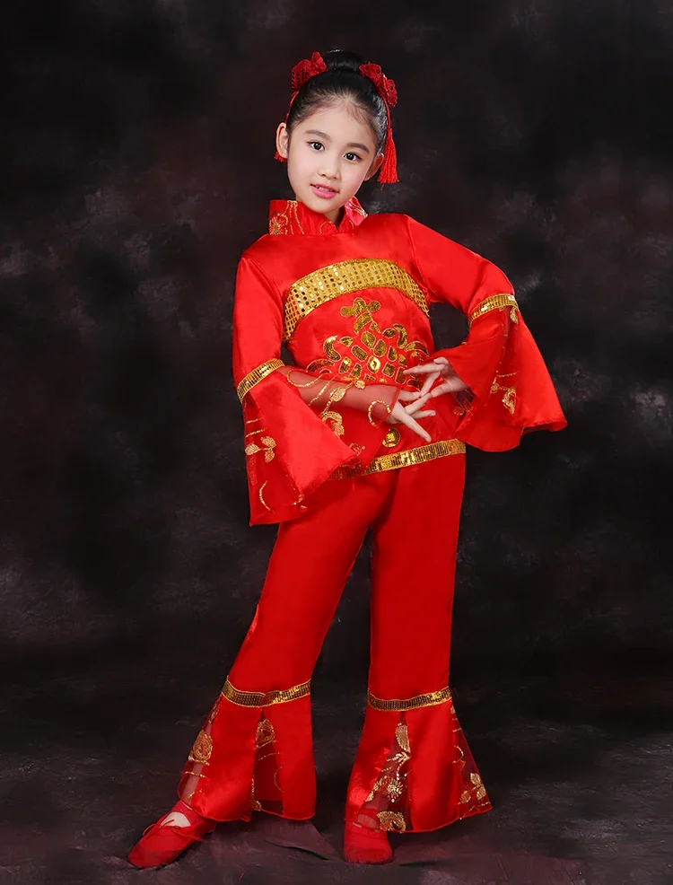 Abbigliamento da ballo Yangko per bambini Costume da spettacolo di danza nazionale cinese elegante vestito da ballo a ventaglio classico panno da ballo a tamburo in vita