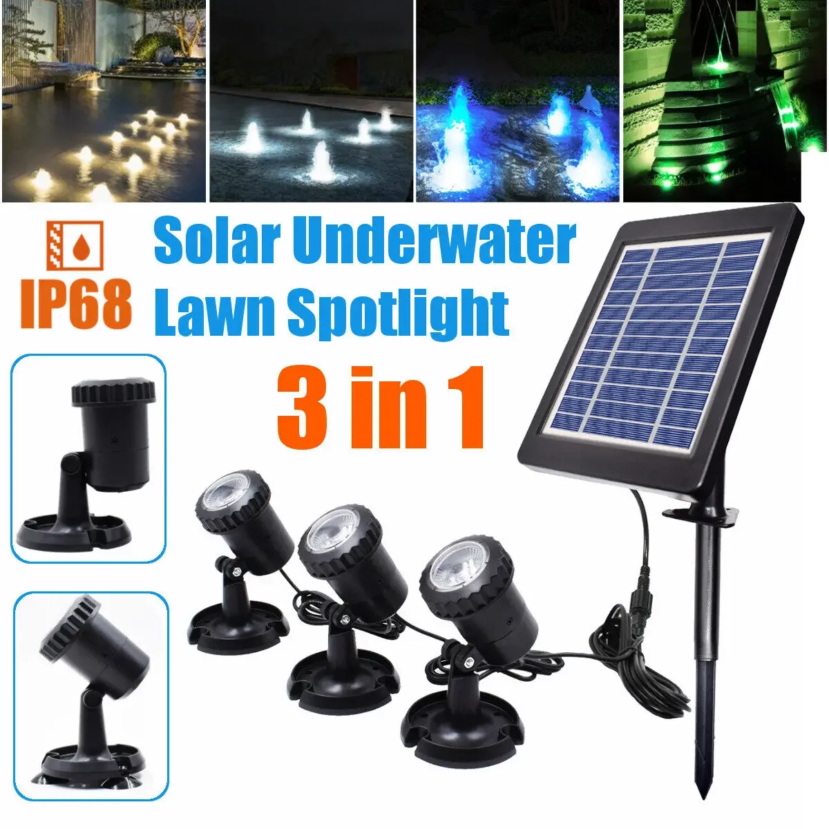 

6V 3 in1 IP68 Underwater Fountain Pond Lights Solar LED Spotlights Garden Lamp