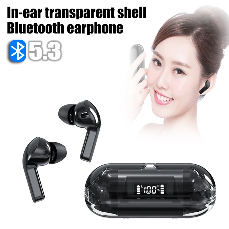 

Transparent Shell Bluetooth5.3 Earphone Wireless Headphones LED Power Display Noise Reduction Sports Music Game Headset With mic