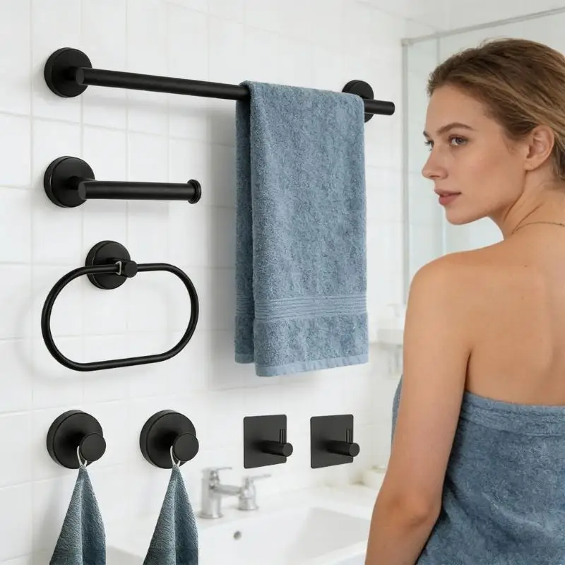Bathroom Towel Rack Adhesive Towel Rings Robe Hook Toilet Paper Holder Bathroom Accessory Set Easy to Installation 37JD