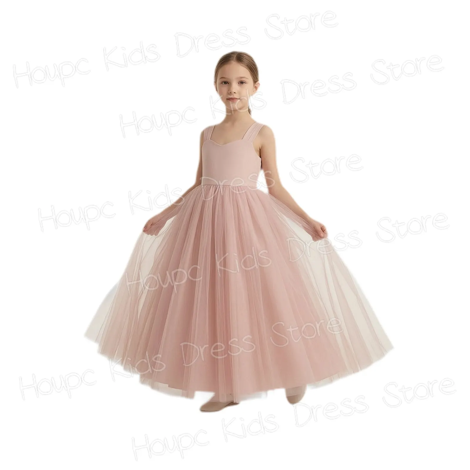 Blush Pink Flower Girl Dress Sleeveless Square Neck Tulle Skirt Tea-Length Formal Wedding Party Dress for Girls