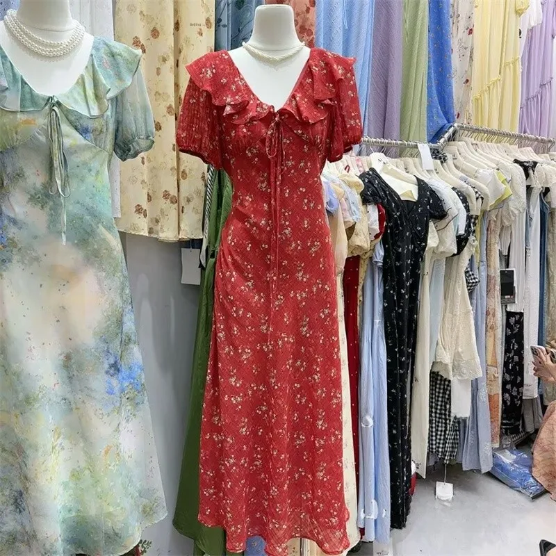 Summer 2025 Korean Sle Floral Print Maxi Dr with Belt Slimming Design Gathers Sensation Long Skirt with Ruffle Hemline