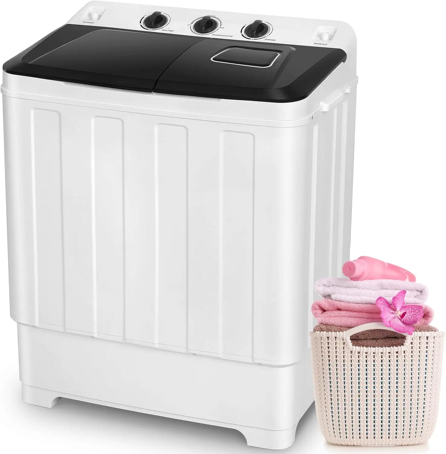 

Twin Tub Compact Laundry Machine for Apartments, Dorms, RVs, Plastic Material, with Built-in Drain Pump