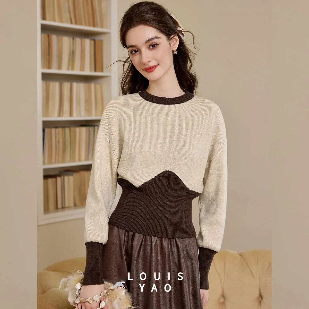 

LOUISYAO Contrast Colours Women's Knitwear 2025 Autumn/Winter Sweaters Layering or Outerwear Drop Sleeves Women's Knit Top