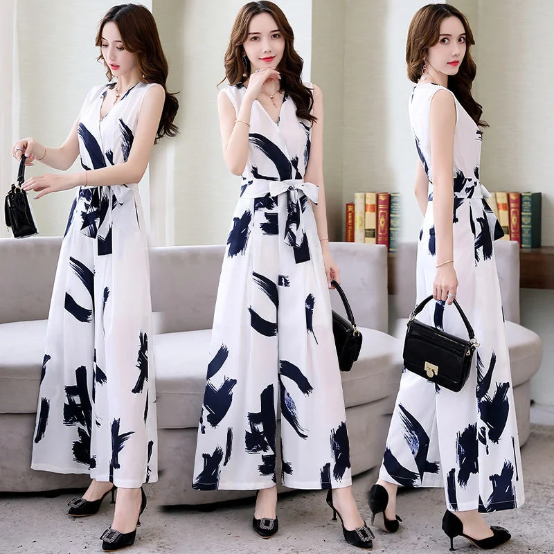 Chiffon Jumpsuit 2024 Summer Thin Women's Printed Fashionable and Stylish Drape Light Mature Wide Leg Overalls Set Women