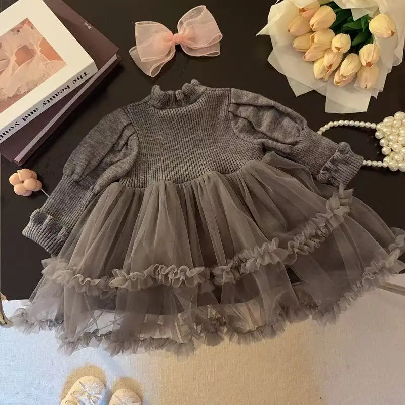 Princess Baby Girl Sweater Dress Autumn Winter Knitted Mesh Bow Detail 2026 New Item Children's Clothing