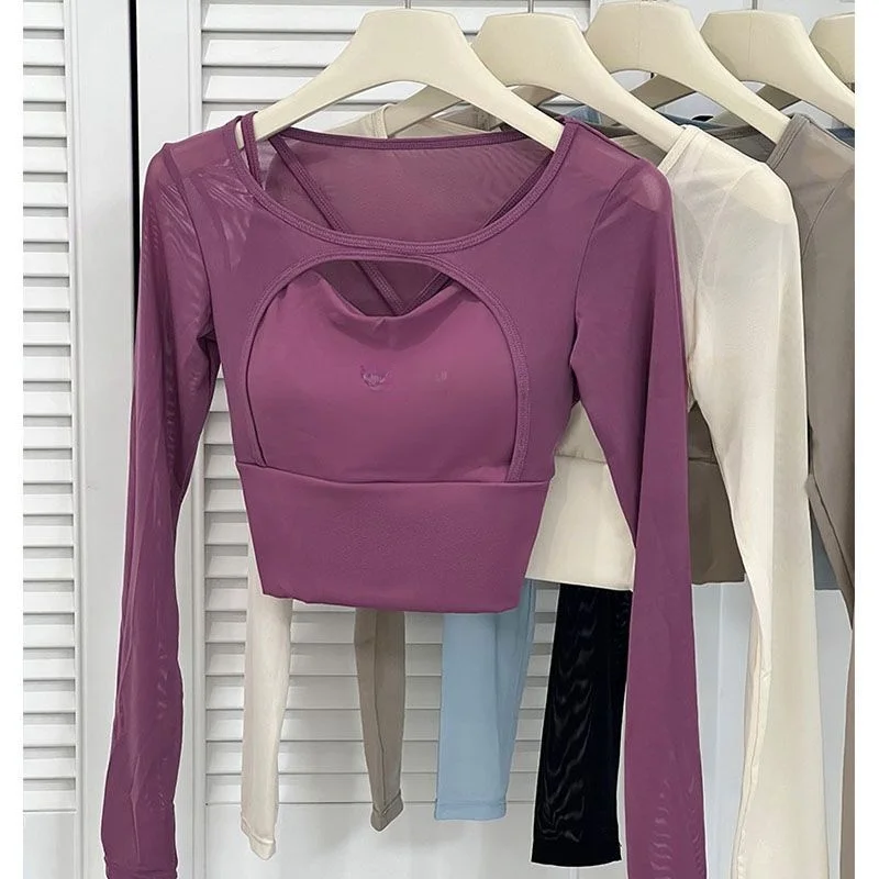 Slim Fit Long Sleeve T-Shirt Women's Sexy Subtle Front Hollow out Yoga Wear Short Style Polyester Fiber Casual Streetwear
