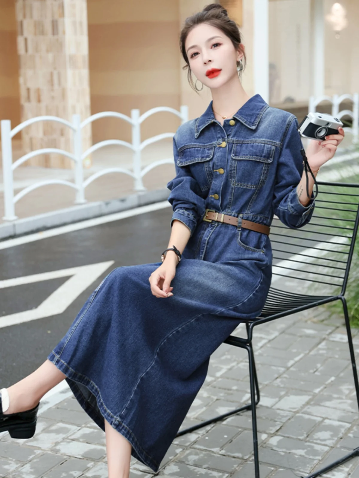 Ele Long Sve Denim Dr Women's Autumn New Sle Retro Unique Waist-Cinching A-Line Skirt Korean Sle  Collar