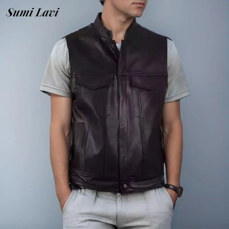 

2024 Autumn Mens Vintage Leather Jackets Sleeveless Pockets Stand Collar Button-up Waistcoats Men Fashion PU Leather Vest Coats