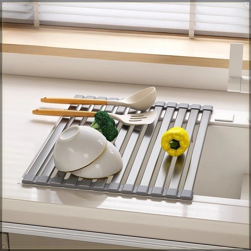 Roll Up Sink Drain Rack Carbon Steel Foldable Countertop Draining Multifunctional Strong Load Bearing Kitchen Sink Organizer