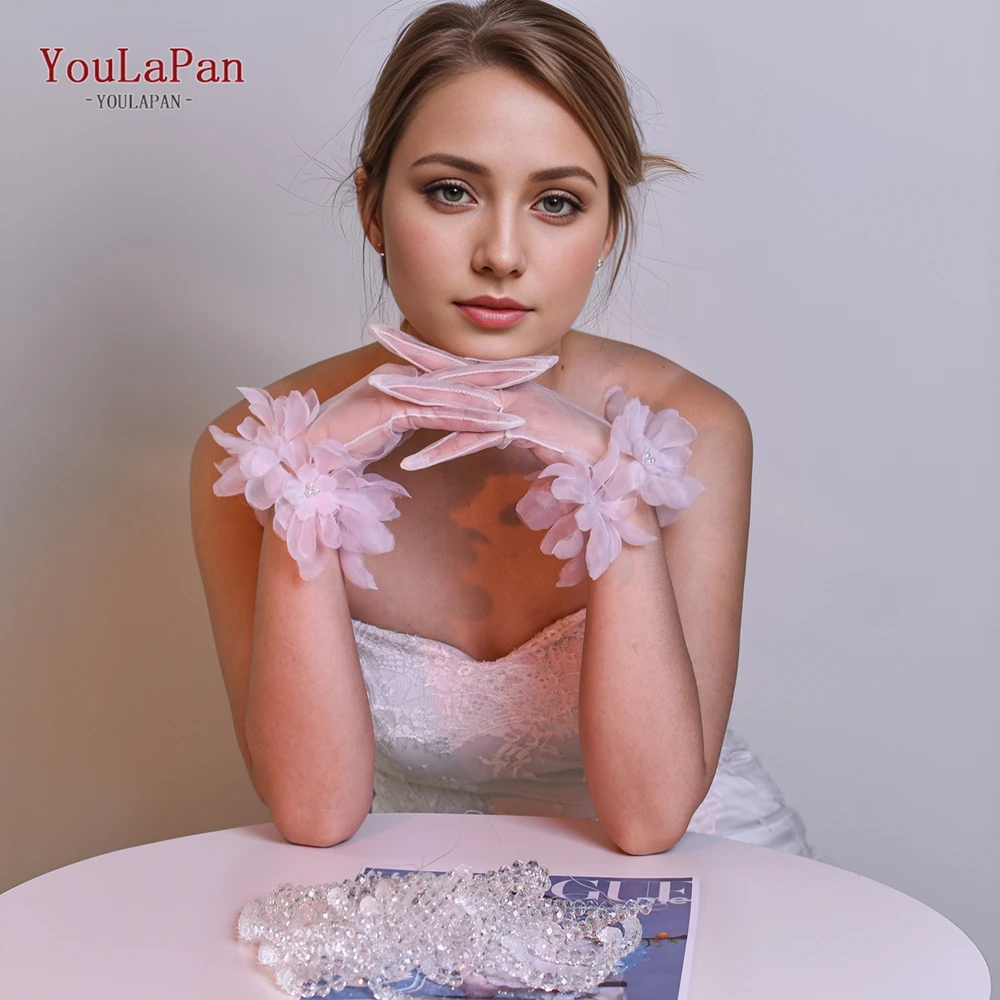 YouLaPan T08 White Breathable Tulle Gloves High Quality Nylon Material Pink Pearl Flowers Bridal Wedding Style And Daily Wear