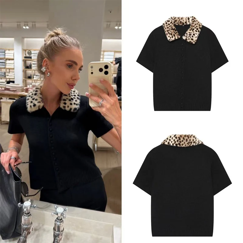 Guobioziy 2026 Autumn New Black Knit Polo Women Contrast Leopard Collar Short Sleeve Button Front Early Fall Streetwear