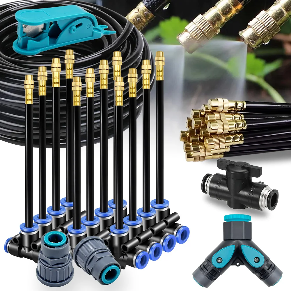 

20-5m 3/8" 9/12mm Misting Cooling System 360° Free-bend Brass Nozzle Adjustable Atomizer Sprayer Garden Irrigation 80mesh Filter