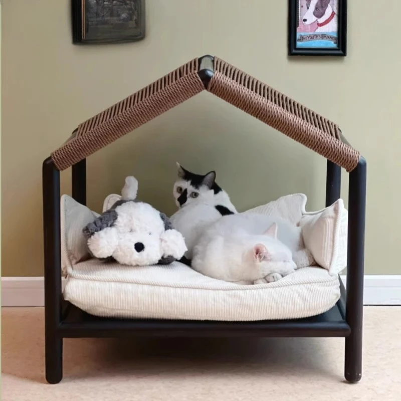 

Cat nest Solid wood to keep warm in autumn and winter Universal off-ground rattan weaving cat house Pet supplies