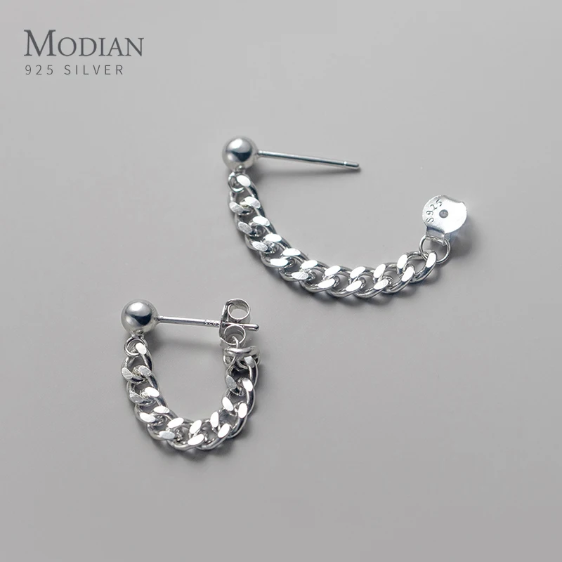 MODIAN 100% 925 Sterling Silver gruby Link blokady łańcucha stadniny kolczyki dla kobiet mężczyzn Punk Hip Pop Unisex biżuteria