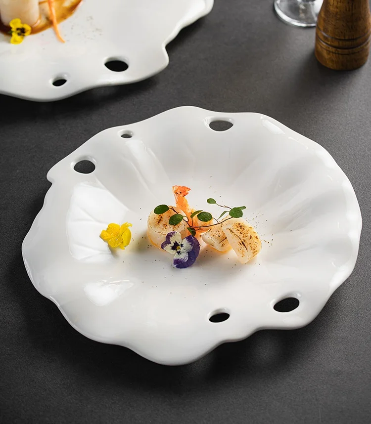 Leaf Ceramics Dinner Plate Hollow Porcelain Serving Dish Signature Restaurant Dinnerware for Oyster Wagyu Beef Roast Duck