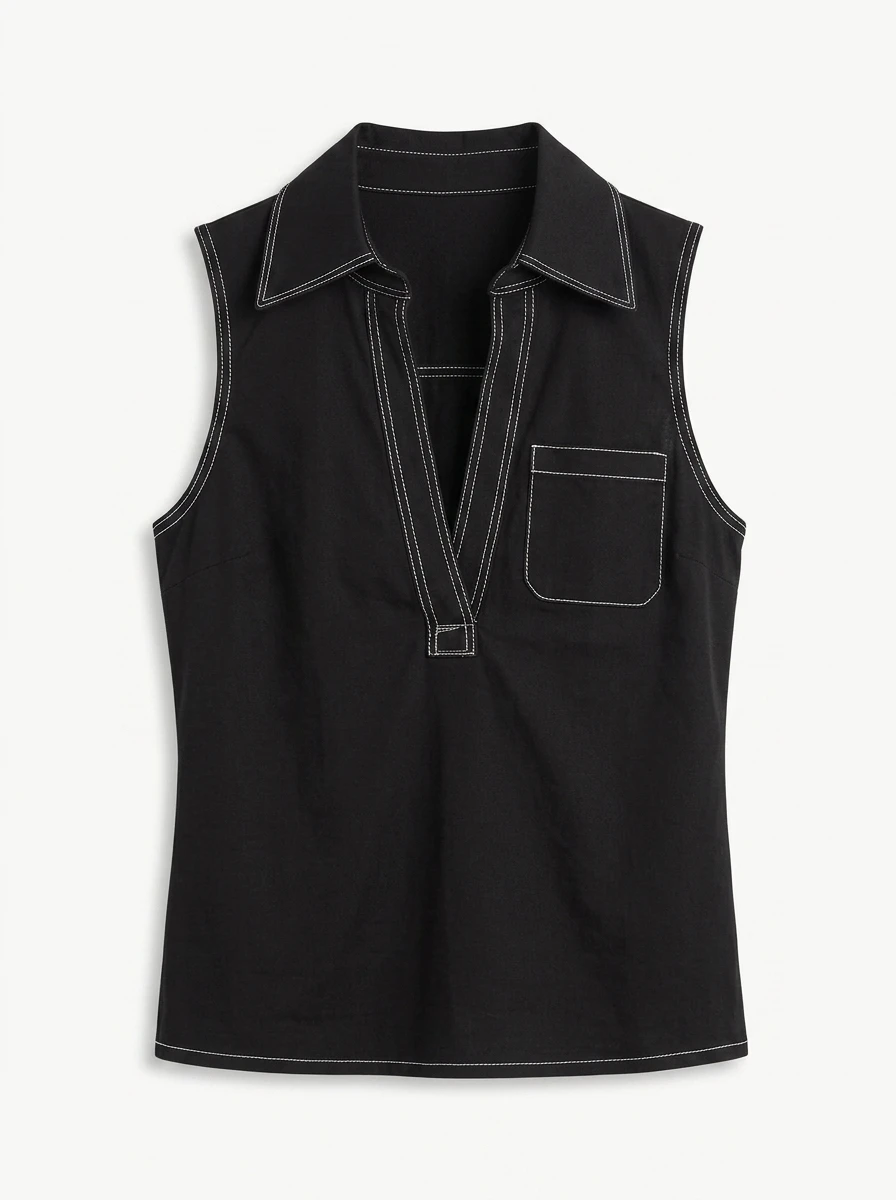 Freeacy Women's Contrast Stitching Sleeveless Collar T-Shirt Black Notched V Neck Sleeveless Vest 2026 Summer Casual Top