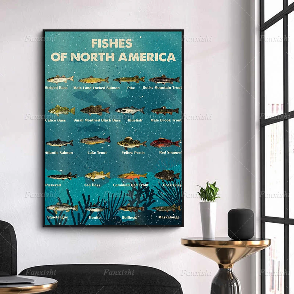 

Canvas Painting Fishes Of North America Picture Print Poster Beautiful Fish Nature Chart Educational Classroom Retro Wall Decor