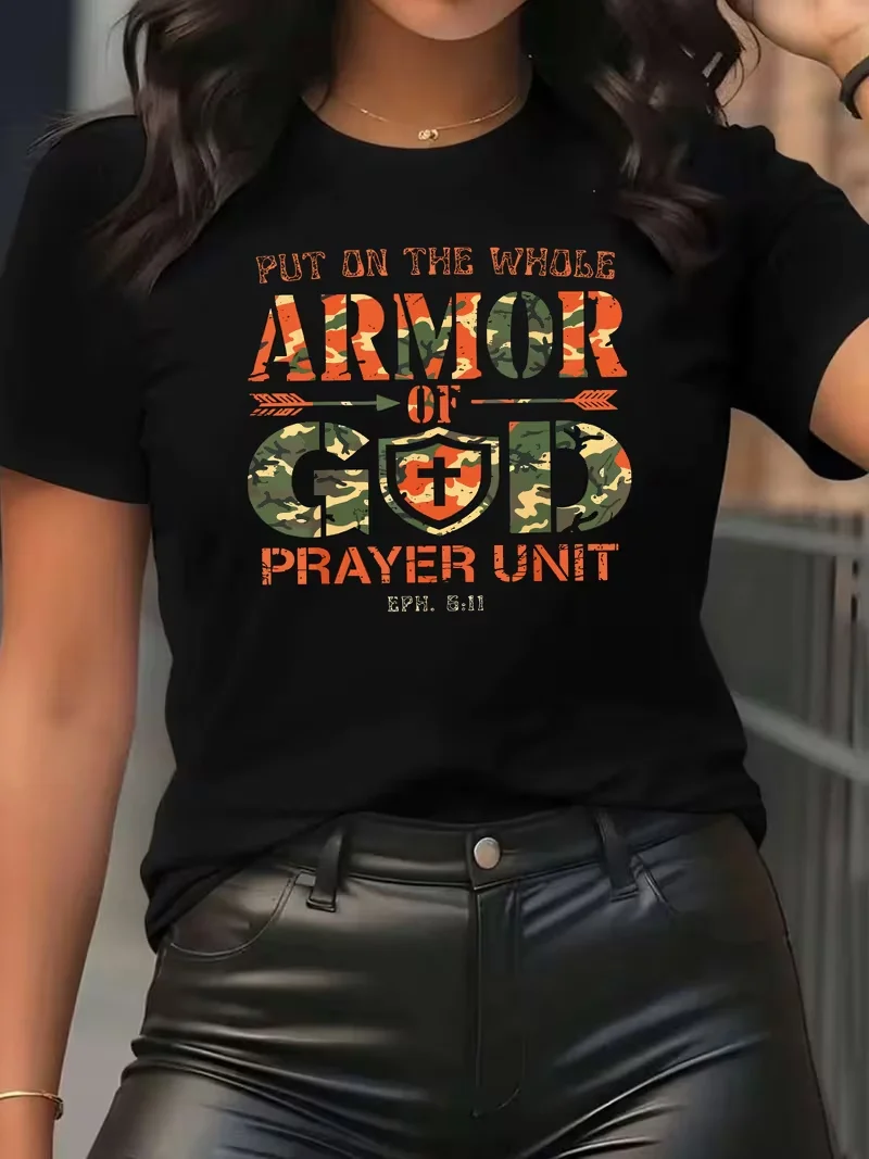 Armor of God T Shirt Women Christian Prayer Unit Graphic Tees Summer Short Sleeve O-Neck Loose Tops Bible Verse Camo Print Y2K