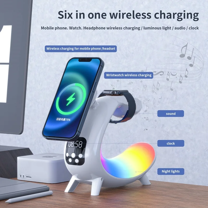 6IN1 Alarm Clock Magnetic Wireless Charger for Iphone 15 14 13 12 Airpods Night Light Speaker Fast Carregador for Apple Watch