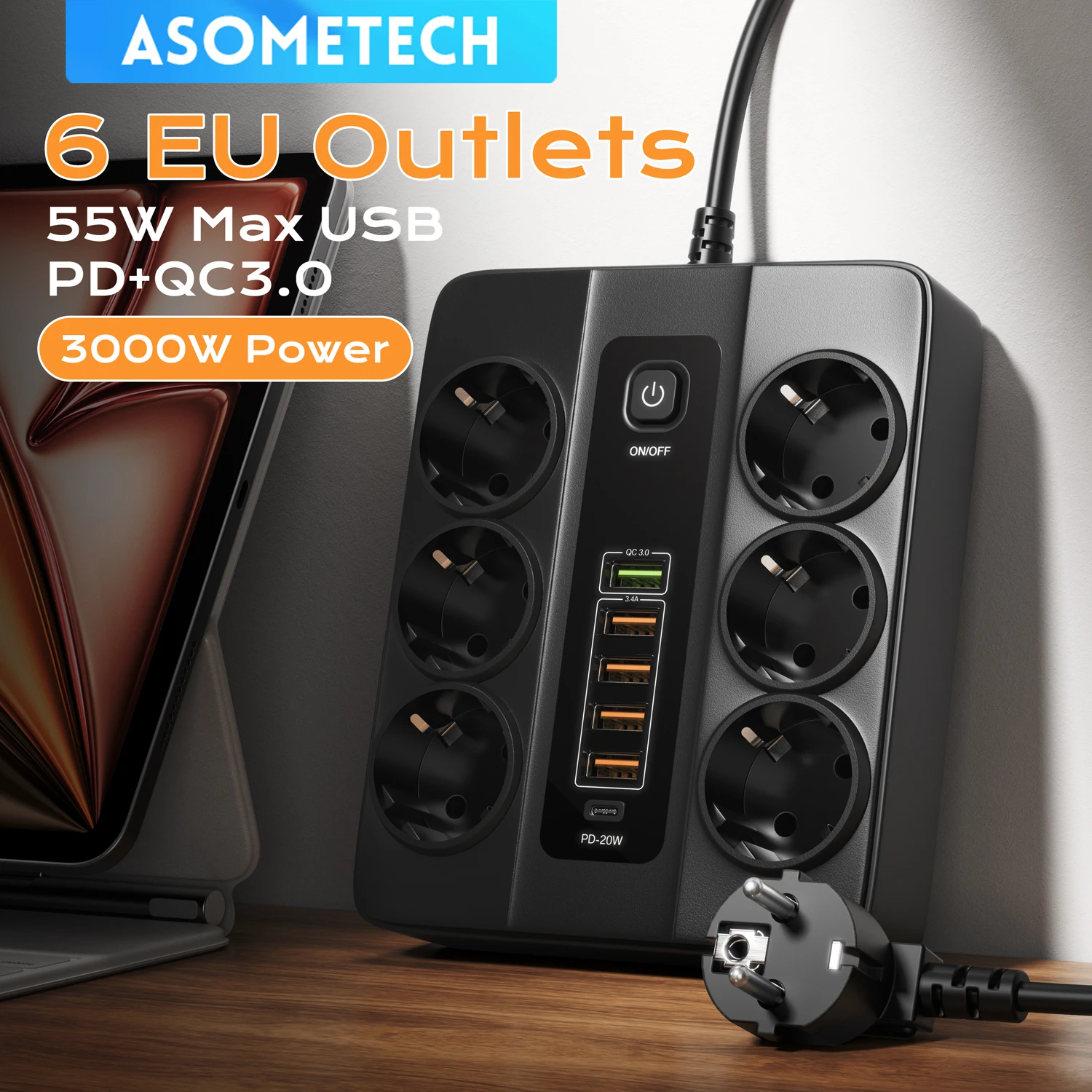 

3000W Power Strip EU Plug Fast Charging Socket Extender Cord Extension Cable USB Charger Adapter 20W PD Charger for iPhone 13 12