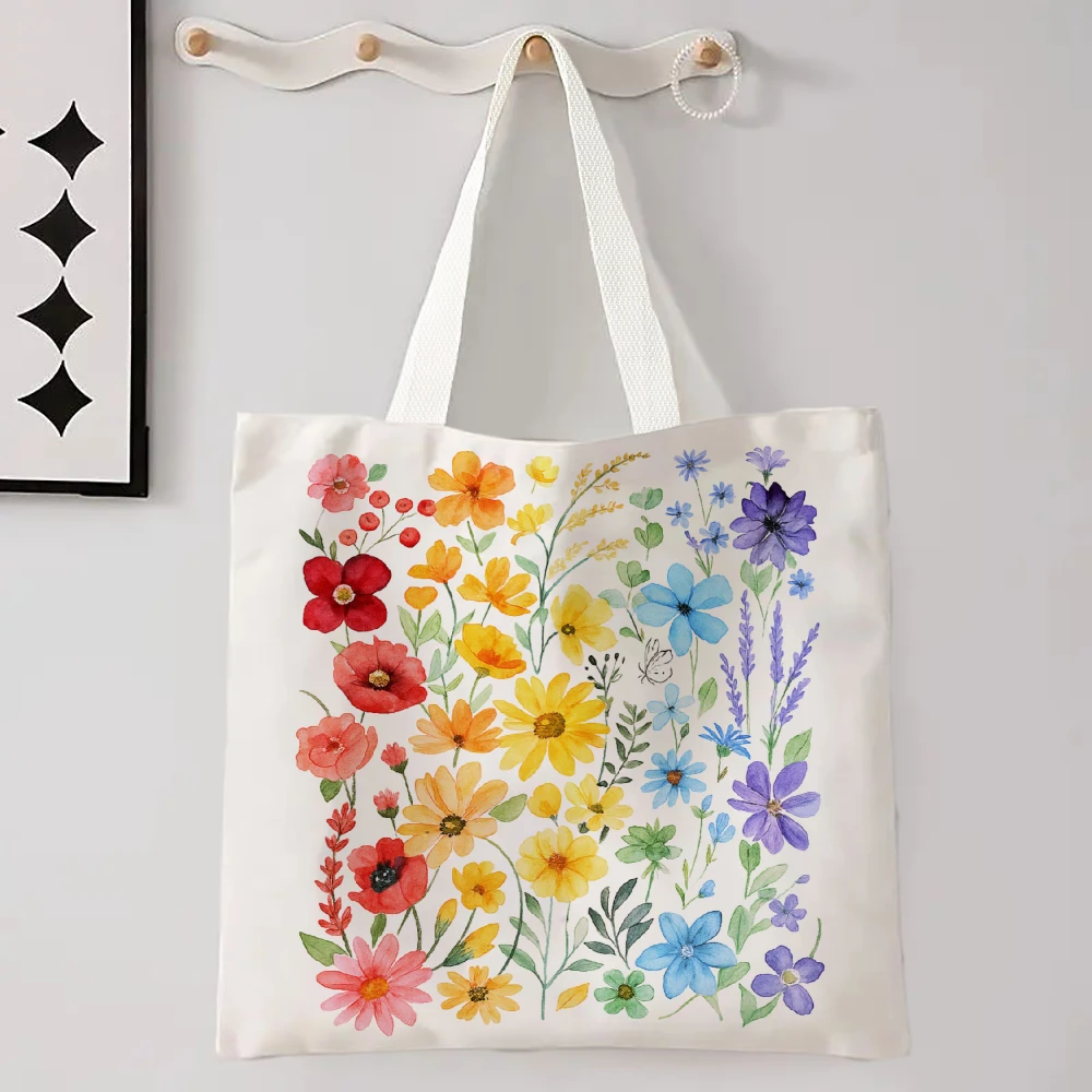 Wildblumen-Einkaufstasche, weiße Umhängetasche mit buntem Blumenmuster, Regenbogenakzente, Handtasche, Einkaufstasche aus Polyester