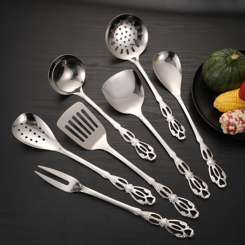 7Pcs stainless steel kitchenware set household cooking spoon stir fry shovel soup spoon colander