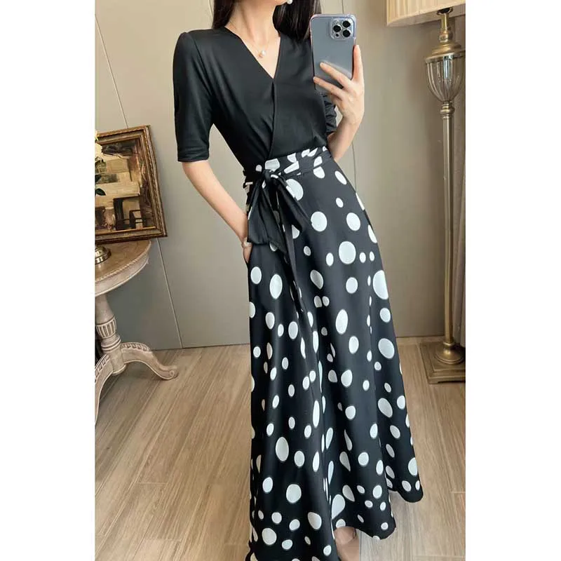 Fashion Printed Spliced Bandage Polka Dot Long Dress Women\'s Clothing 2024 Spring Summer New Loose Office Lady Vintage Dress