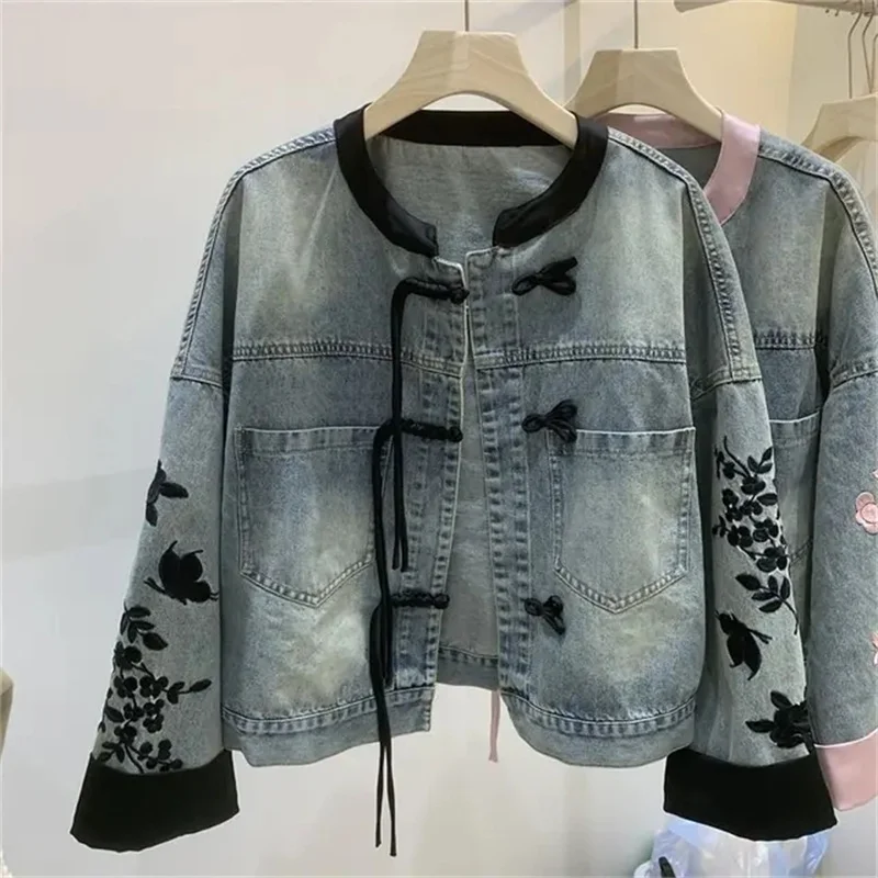 

Women’s Short Embroidery Denim Jacket 2024 Spring Autumn New Fashion Long Sleeve Loose Casual Jeans Coat Female Cowboy Overcoat