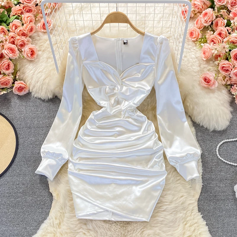 

Autumn New Korean Style Elegant Slim Fit Show Thin Fold Bubble Sleeve Square Neck Silk Satin Long Sleeve Wrap Hip Dress Dress