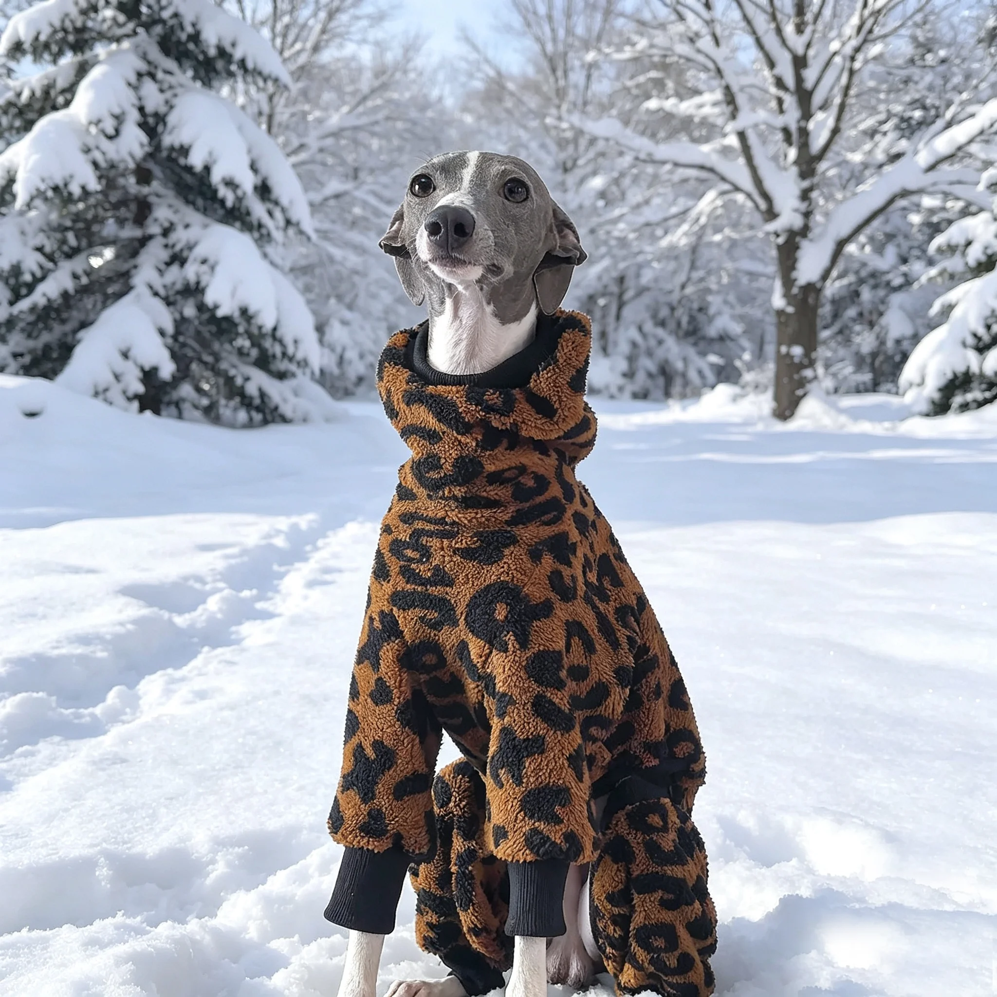 Brauner Fleece-Leopardenmantel für kleine, mittelgroße und große Whippets, 4-beiniger warmer Pullover für Windhunde, dicker Winter-Schlafanzug für Salukis – Detail 7