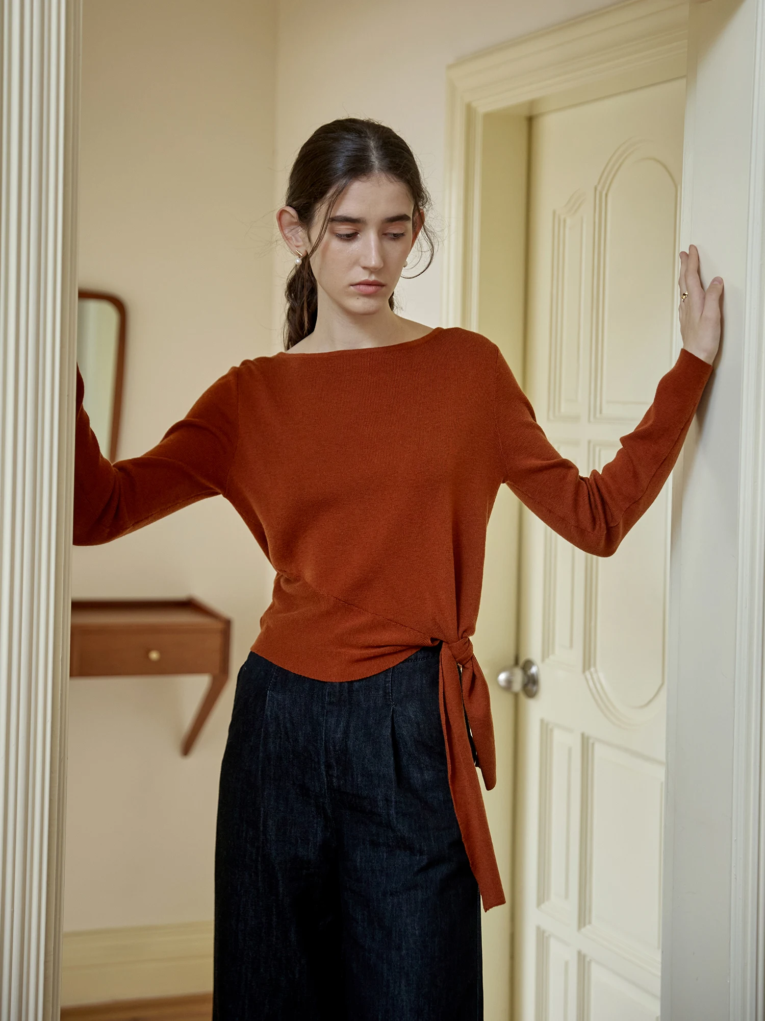 Caramel Red Knitted Base Shirt Women's Long Sleeve round Neck Regular Fit Pure Color Cashmere Wool Blend Fashionable Top