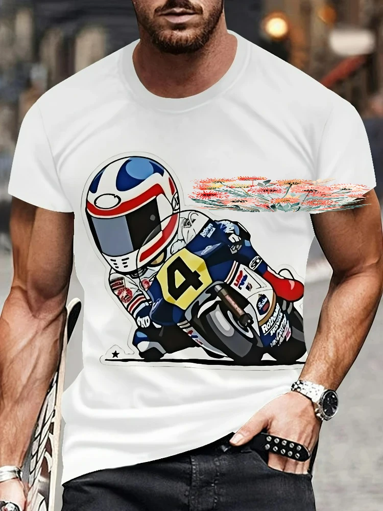 Men's racing pattern with eye-catching racing helmet and motorcycle print-100% cotton round neck short sleeve casual T-shirt.